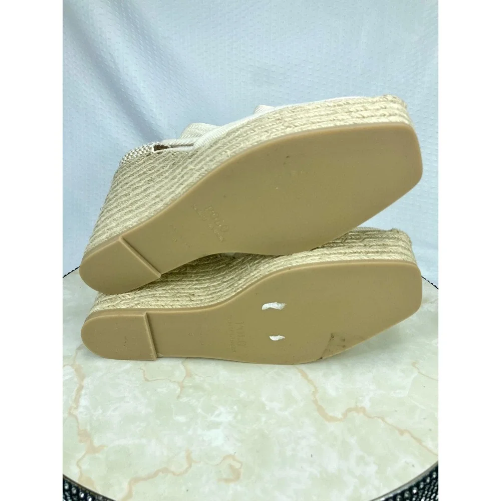 Polo Ralph Lauren Canvas Lace Up Espadrille Wedge Sandals Womens Sz 9 Ivory NWT